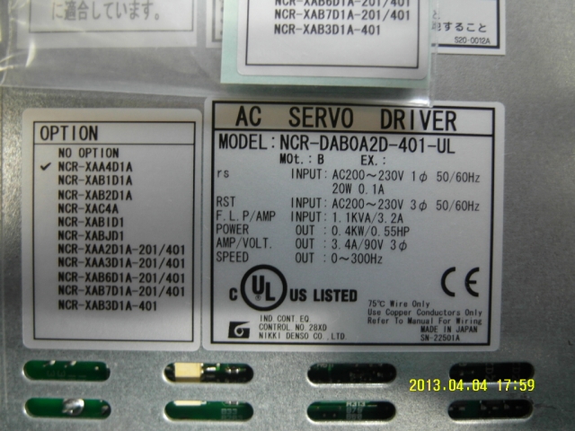 NIKKI DENSO/NCR-DABOA2D-401-UL/AC SERVO DRIVER/IN 20W,OUT 0.4KW