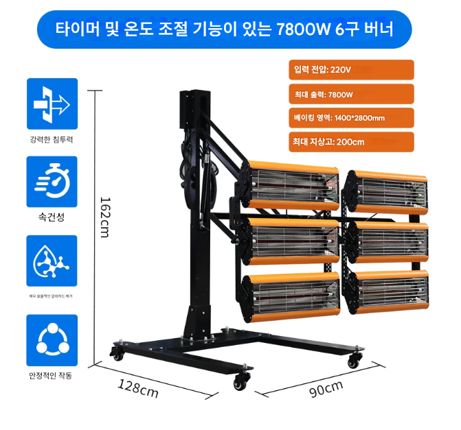적외선 건조 램프 페인트칠 7800W 6구 히터 차량 도색 산업용 도장 자동차 타이머 판금 산업용 공장 가공 뿜칠 외벽 작업